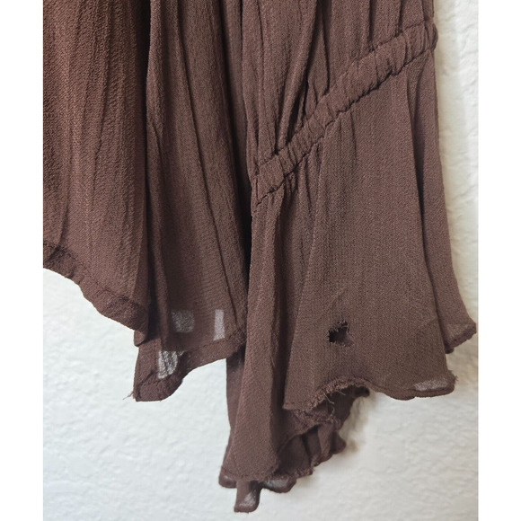 Vintage 90s Womens Top Large Brown Embroidered Sheer French Boho Flowy Blouse - Picture 8 of 13